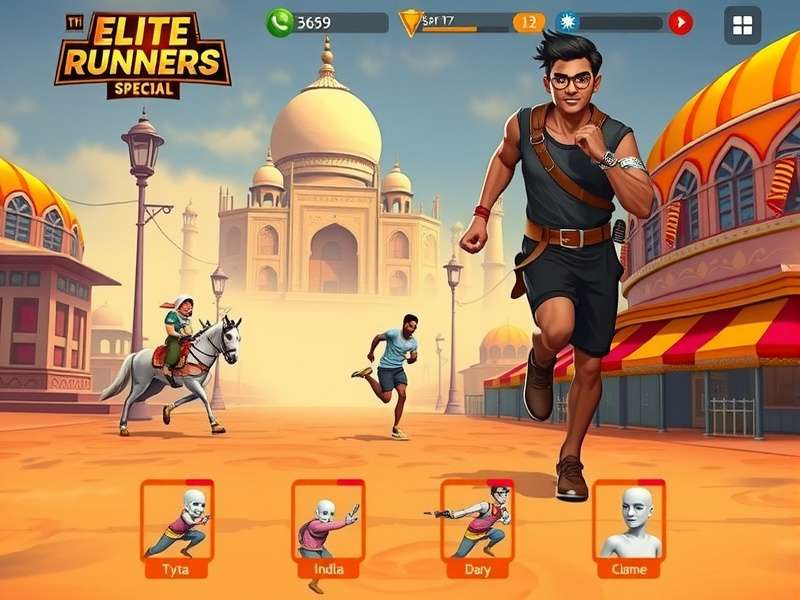 Elite Runners gameplay screenshot showing character running through Indian-themed environment